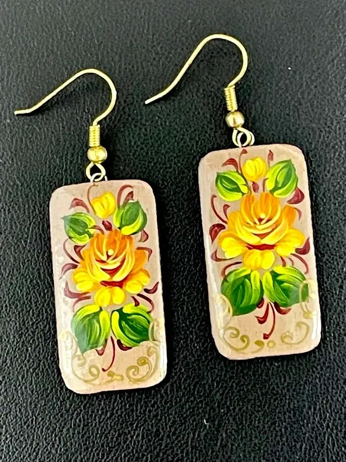 Russian Hand Painted Rectangle Earrings available for sale