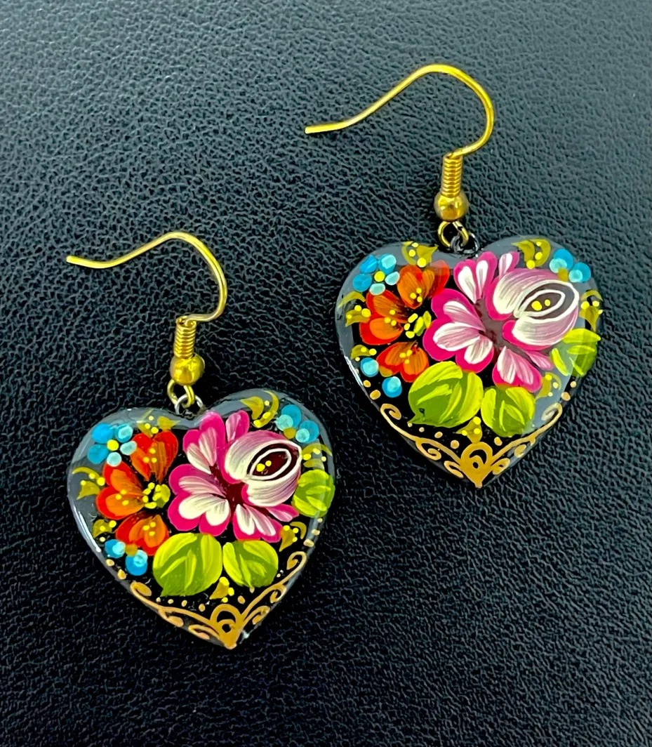 Russian Hand Painted Heart Earrings for sale
